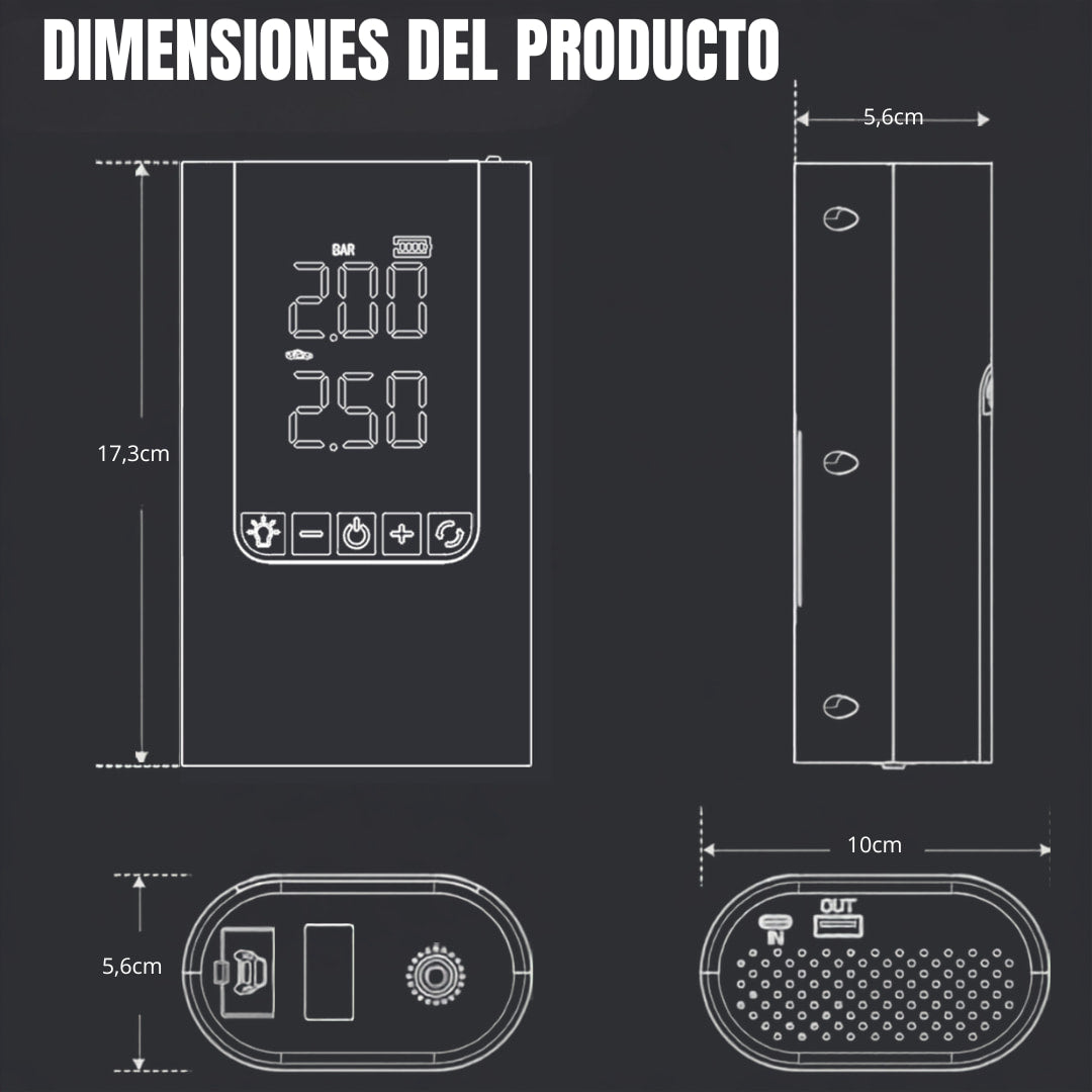 Iniciador Batería Portátil 5 en 1 | Inicia, Mide, Infla, Ilumina y carga.